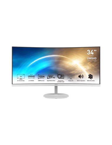 LCD Monitor, MSI, PRO MP341CQW, 34", Business/Curved/21 : 9, Panel VA, 3440x1440, 21:9, 100Hz, Matte, 4 ms, Speakers, Tilt, Col