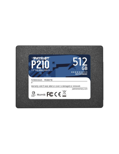 SSD, PATRIOT, P210, 512GB, SATA 3.0, Write speed 430 MBytes/sec, Read speed 520 MBytes/sec, 2,5", TBW 240 TB, P210S512G25