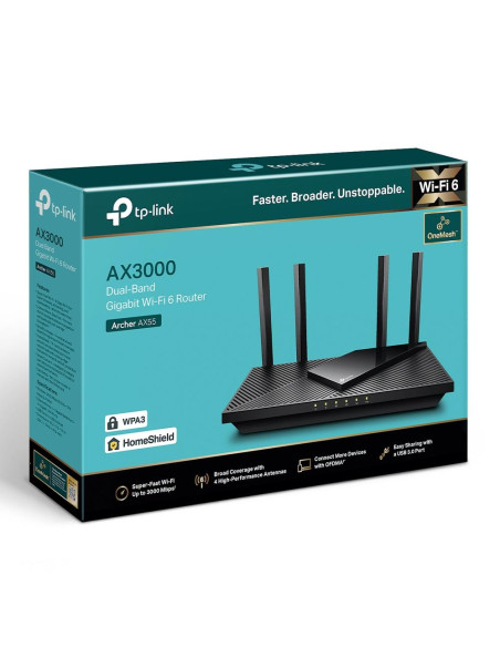 Wireless Router, TP-LINK, Wireless Router, 3000 Mbps, Wi-Fi 6, USB 3.0, 1 WAN, 4x10/100/1000M, Number of antennas 4, ARCHERAX55 Wireless Router, TP-LINK, Wireless Router, 3000 Mbps, Wi-Fi 6, USB 3.0, 1 WAN, 4x10/100/1000M, Number of antennas 4, ARCHERAX55