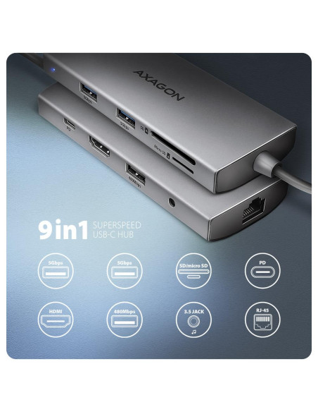 I/O HUB USB-C 9IN1 5GBPS/0.2M HMC-8HLSA AXAGON I/O HUB USB-C 9IN1 5GBPS/0.2M HMC-8HLSA AXAGON
