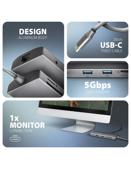 I/O HUB USB-C 9IN1 5GBPS/0.2M HMC-8HLSA AXAGON I/O HUB USB-C 9IN1 5GBPS/0.2M HMC-8HLSA AXAGON