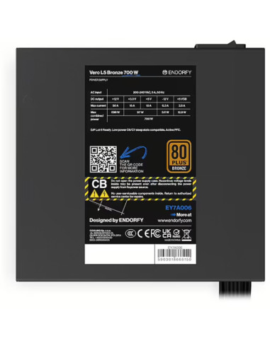 Power Supply, ENDORFY, Vero L5 Bronze 700 W, 700 Watts, Efficiency 80 PLUS BRONZE, MTBF 80000 hours, EY7A006