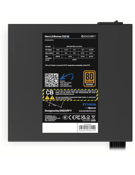 Power Supply, ENDORFY, Vero L5 Bronze 700 W, 700 Watts, Efficiency 80 PLUS BRONZE, MTBF 80000 hours, EY7A006