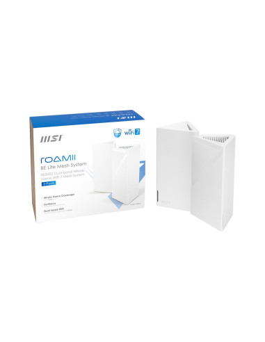 Wireless Router, MSI, 2-pack, 5000 Mbps, Mesh, Wi-Fi 5, Wi-Fi 6, Wi-Fi 7, IEEE 802.11a, IEEE 802.11b, IEEE 802.11g, MRBE50-2PK