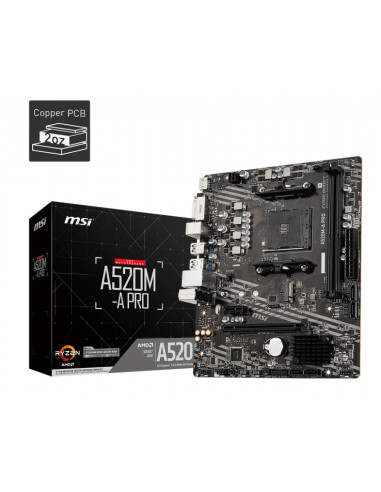 Mainboard, MSI, AMD A520, SAM4, MicroATX, 1xPCI-Express 3.0 1x, 1xPCI-Express 3.0 16x, 1xM.2, Memory DDR4, Memory slots 2, 1xDV