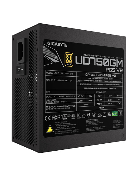 Power Supply, GIGABYTE, UD750GM PG5 V2, ATX 3.1, 750 Watts, Efficiency 80 PLUS GOLD, PFC Active, MTBF 100000 hours, GP-UD750GMP