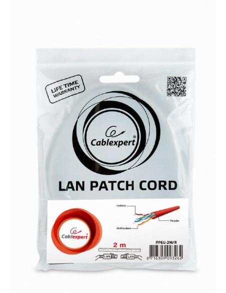 PATCH CABLE CAT6 UTP 2M/RED PP6U-2M/R GEMBIRD
