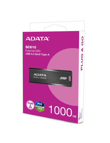 External SSD, ADATA, SC610, 1TB, USB 3.2, Write speed 500 MBytes/sec, Read speed 550 MBytes/sec, SC610-1000G-CBK/RD