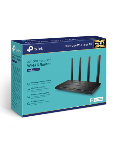 Wireless Router, TP-LINK, Wireless Router, 1500 Mbps, Wi-Fi 6, 1 WAN, 3x10/100/1000M, Number of antennas 4, ARCHERAX12