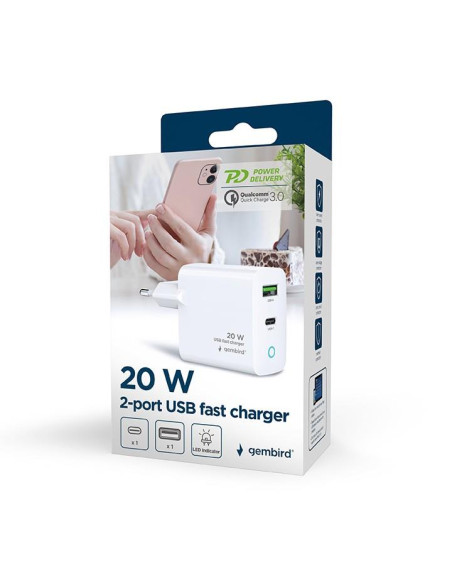 CHARGER USB 20W 2PORT/TA-UC-PDQC20L-W-01 GEMBIRD