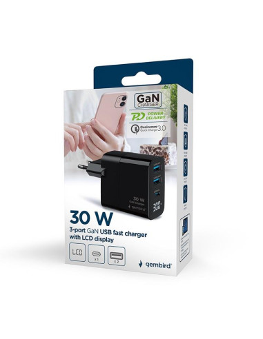 CHARGER USB 30W 3PORT/TA-UC-PDQC30LCD-BK-02 GEMBIRD