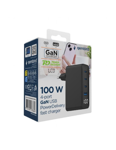 CHARGER USB 100W 4PORT GAN/TA-UC-PDQC100LCD-01-BK GEMBIRD