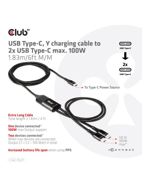 CABLE USB-C TO 2XUSB-C 1.83M/M/M CAC-1527 CLUB3D
