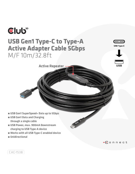 CABLE USB-C TO USB 10M/M/F CAC-1538 CLUB3D