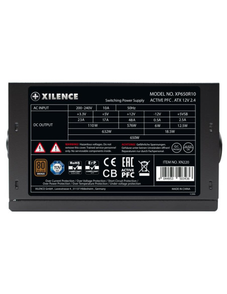 Power Supply, XILENCE, 650 Watts, Efficiency 80 PLUS BRONZE, PFC Active, XN220 Power Supply, XILENCE, 650 Watts, Efficiency 80 PLUS BRONZE, PFC Active, XN220