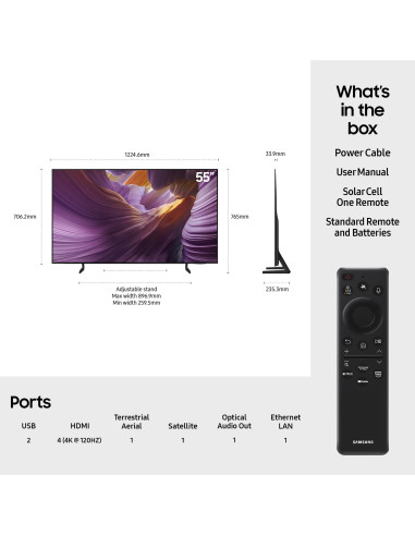 TV Set, SAMSUNG, 55", OLED/4K/Smart, 3840x2160, Wireless LAN, Bluetooth, Tizen, Black, QE55S85FAUXXH