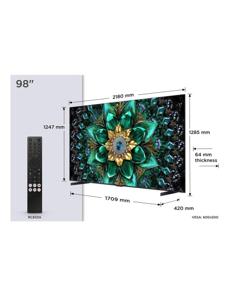TV Set, TCL, 98 ", 4K Ultra HD, 3840 x 2160 pixels, Flat, 16:9, QD-Mini LED, 98Q6C TV Set, TCL, 98 ", 4K Ultra HD, 3840 x 2160 pixels, Flat, 16:9, QD-Mini LED, 98Q6C