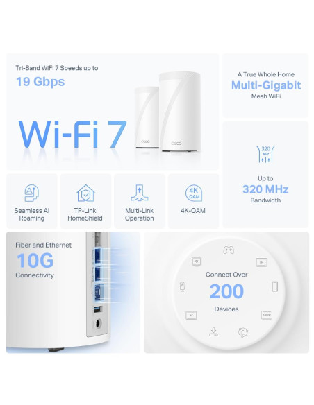 Wireless Router, TP-LINK, Wireless Router, 19000 Mbps, Mesh, Wi-Fi 7, 2x2.5GbE, 1x10GbE, 1xSPF+, DHCP, DECOBE85(2-PACK) Wireless Router, TP-LINK, Wireless Router, 19000 Mbps, Mesh, Wi-Fi 7, 2x2.5GbE, 1x10GbE, 1xSPF+, DHCP, DECOBE85(2-PACK)
