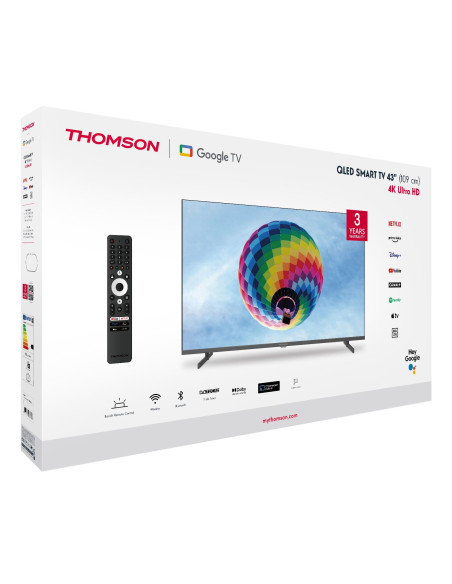 TV Set, THOMSON, 43", 4K/Smart, QLED, 3840x2160, Wireless LAN, Bluetooth, Google TV, Black, 43QG4S14