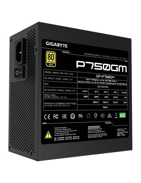 Power Supply, GIGABYTE, GP-P750GM, 750 Watts, Efficiency 80 PLUS GOLD, PFC Active, MTBF 100000 hours, GP-P750GM