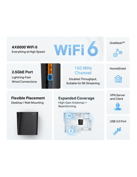 Wireless Router, TP-LINK, Wireless Router, 6000 Mbps, Wi-Fi 6, USB 3.0, 3x10/100/1000M, LAN WAN ports 2, ARCHERAX80