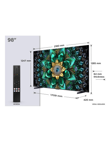 TV Set, TCL, 98 ", 4K Ultra HD, 3840 x 2160 pixels, Flat, 16:9, QD-Mini LED, 98Q6C