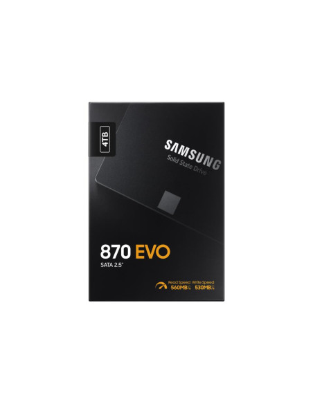 SSD, SAMSUNG, 870 EVO, 4TB, SATA, SATA 3.0, MLC, Write speed 530 MBytes/sec, Read speed 560 MBytes/sec, 2,5", TBW 2400 TB, MTBF
