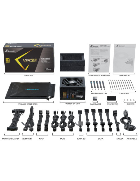 Power Supply, SEASONIC, VERTEX GX, 1200 Watts, Efficiency 80 PLUS GOLD, MTBF 100000 hours, VERTEXGX-1200