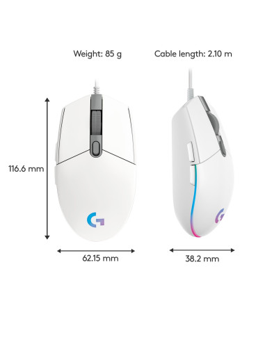 MOUSE USB OPTICAL G203/WHITE 910-005797 LOGITECH