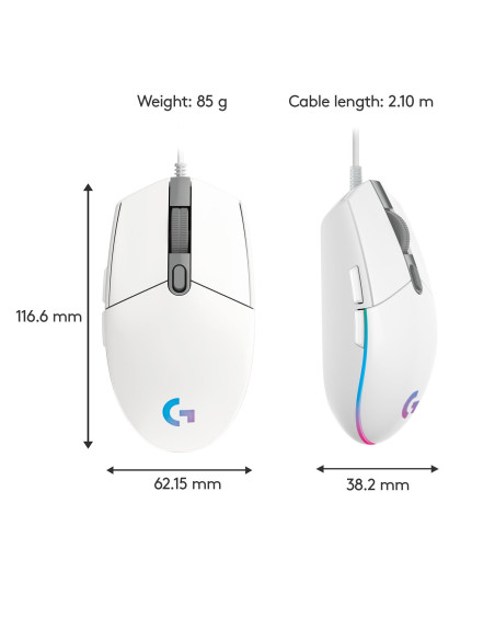 MOUSE USB OPTICAL G203/WHITE 910-005797 LOGITECH