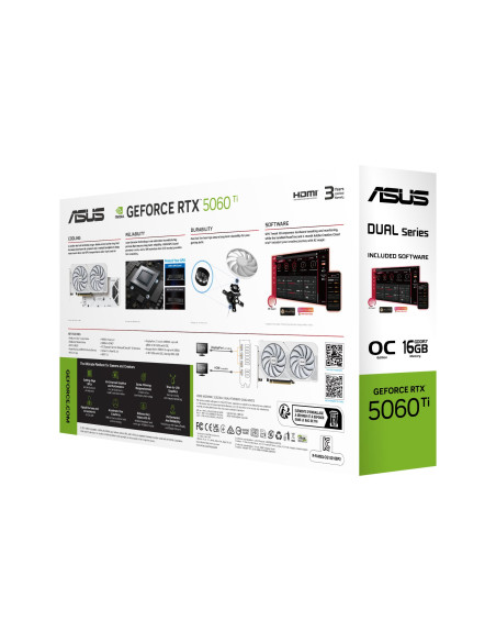 Graphics Card, ASUS, NVIDIA, GeForce RTX 5060 Ti, 16 GB, GDDR7, 128 bit, PCI Express 5.0, Active, DUAL-RTX5060TI-O16G-WHITE