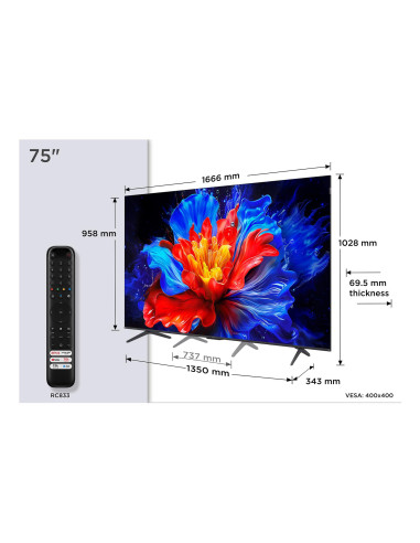 TV Set, TCL, 75 ", 4K Ultra HD, 3840 x 2160 pixels, Flat, 16:9, QLED, 75P8K