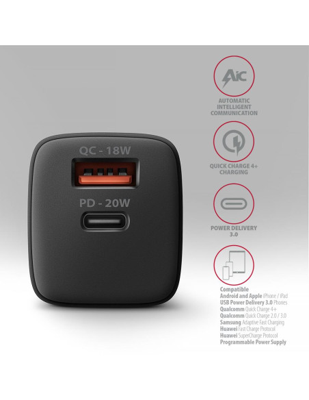 MOBILE CHARGER WALL USB 20W/2PORT BLACK ACU-PQ20 AXAGON