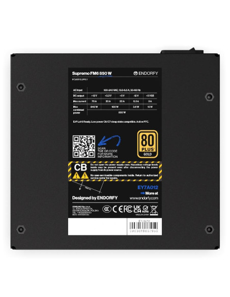 Power Supply, ENDORFY, SUPREMO FM6, 850 Watts, Efficiency 80 PLUS GOLD, MTBF 100000 hours, EY7A012