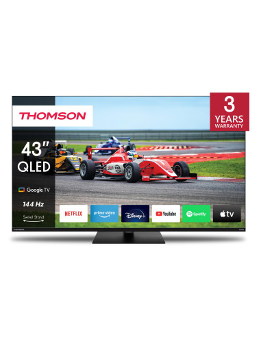 TV Set, THOMSON, 43", 4K/Smart, QLED, 3840x2160, Wireless LAN, Bluetooth, Google TV, Black, 43QG7C14