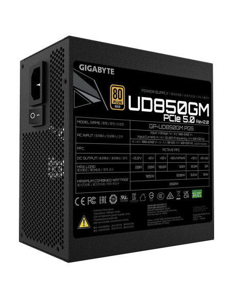 Power Supply, GIGABYTE, UD850GM PG5 V2, ATX 3.1, 850 Watts, Efficiency 80 PLUS GOLD, PFC Active, MTBF 100000 hours, GP-UD850GMP