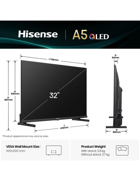 TV Set, HISENSE, 32 ", Full HD, 1920 x 1080 pixels, Flat, 16:9, QLED, 32A5Q