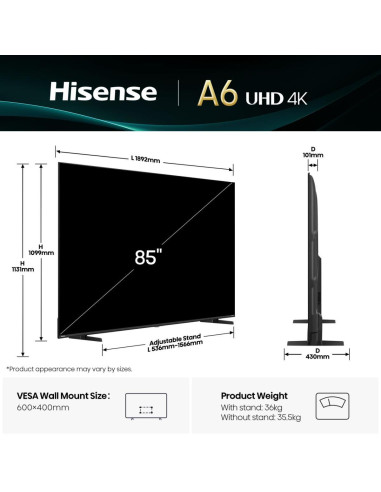 TV Set, HISENSE, 85 ", 4K Ultra HD, 3840 x 2160 pixels, Flat, 16:9, LED, 85A6Q