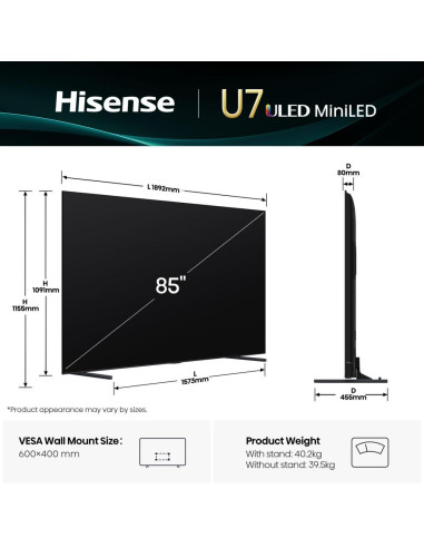 TV Set, HISENSE, 85 ", 4K Ultra HD, 3840 x 2160 pixels, Flat, 16:9, ULED, 85U7Q