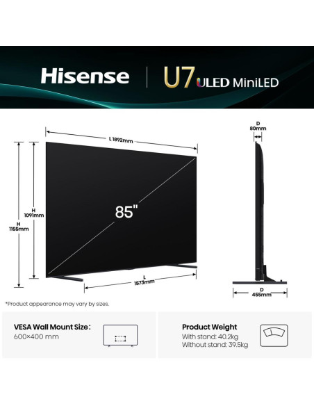 TV Set, HISENSE, 85 ", 4K Ultra HD, 3840 x 2160 pixels, Flat, 16:9, ULED, 85U7Q