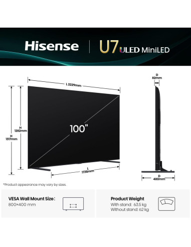 TV Set, HISENSE, 100 ", 4K Ultra HD, 3840 x 2160 pixels, Flat, 16:9, ULED, 100U7Q