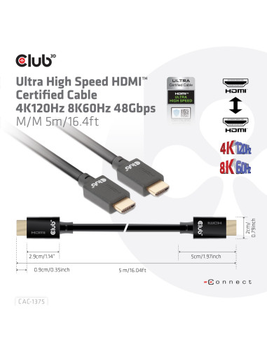 CABLE HDMI TO HDMI 5M/M/M CAC-1375 CLUB3D