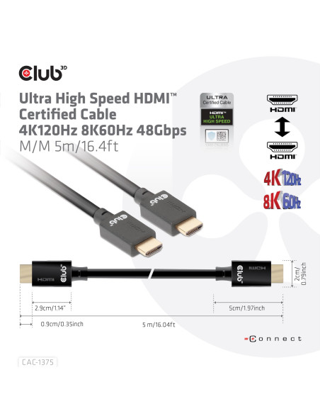CABLE HDMI TO HDMI 5M/M/M CAC-1375 CLUB3D