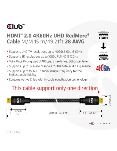 CABLE HDMI 15M/M/M CAC-2314 CLUB3D