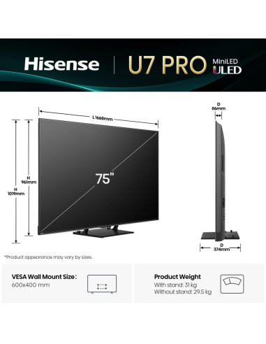 TV Set, HISENSE, 75 ", 4K Ultra HD, 3840 x 2160 pixels, Flat, 16:9, ULED, 75U7QPRO