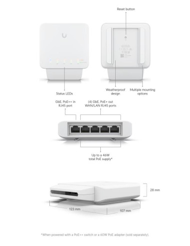 Switch, UBIQUITI, USW-FLEX, 5x10Base-T / 100Base-TX / 1000Base-T, PoE ports 5, 15.4 Watts, USW-FLEX