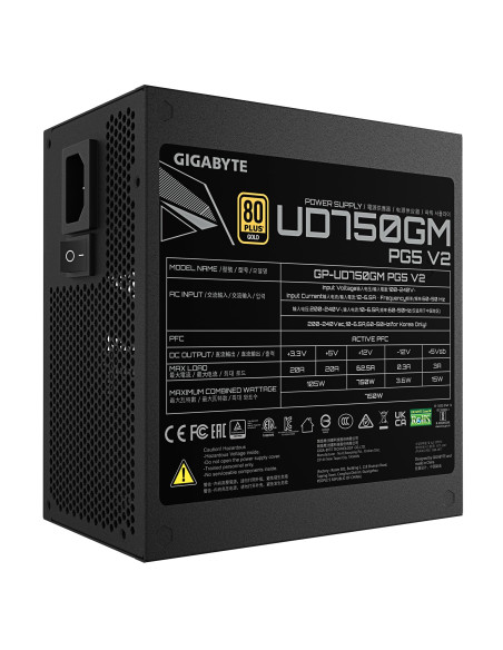 Power Supply, GIGABYTE, UD750GM PG5 V2, ATX 3.1, 750 Watts, Efficiency 80 PLUS GOLD, PFC Active, MTBF 100000 hours, GP-UD750GMP