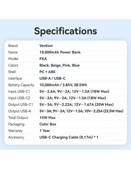 POWER BANK USB 10000MAH 22.5W/BLACK FKAB0-C VENTION