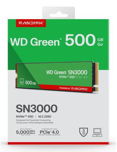 SSD, SANDISK, 150xTBW rating, MTBF 1.75 h, NVMe Yes, PCI Express 4.0, M.2, 500 GB, POWERED BY SANDISK, Green, WDS500G4G0E