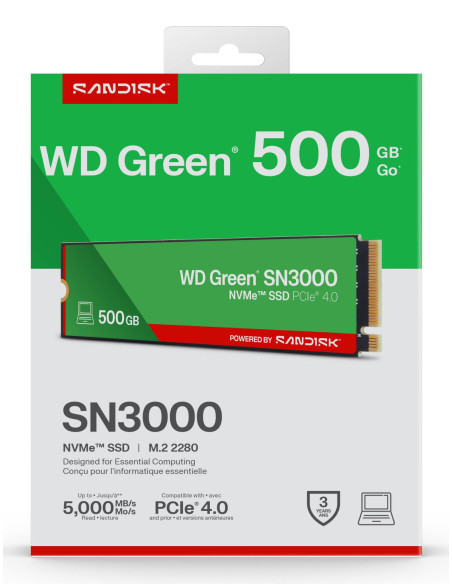 SSD, SANDISK, 150xTBW rating, MTBF 1.75 h, NVMe Yes, PCI Express 4.0, M.2, 500 GB, POWERED BY SANDISK, Green, WDS500G4G0E